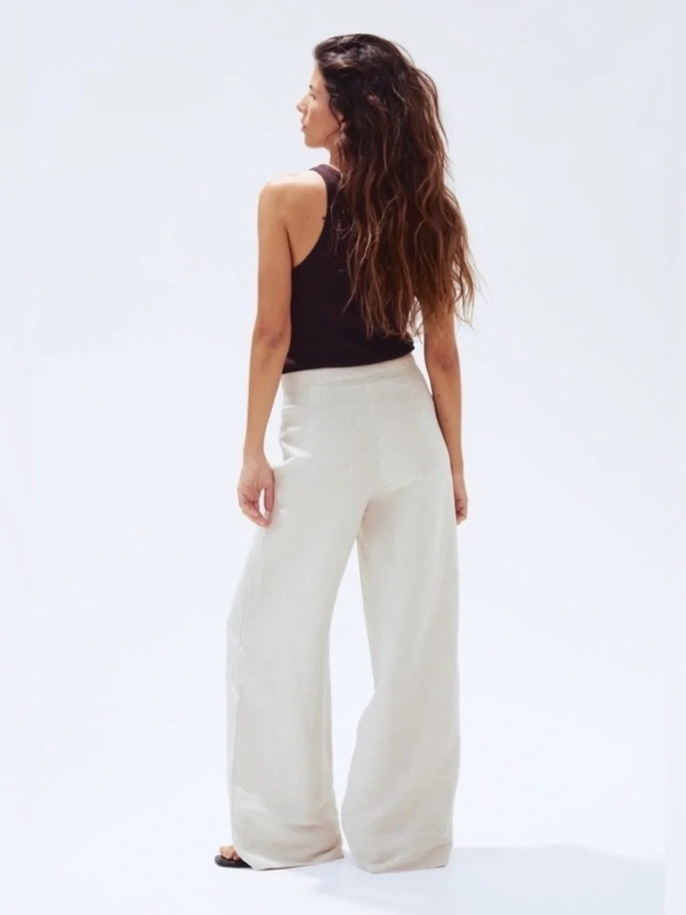 H&M High-Waisted Linen-Blend Wide-Leg Trousers - Size 6 beach lagenlook neutral